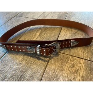 Genuine Leather Western Studded Belt Medium Large Brown Engraved Buckle USA